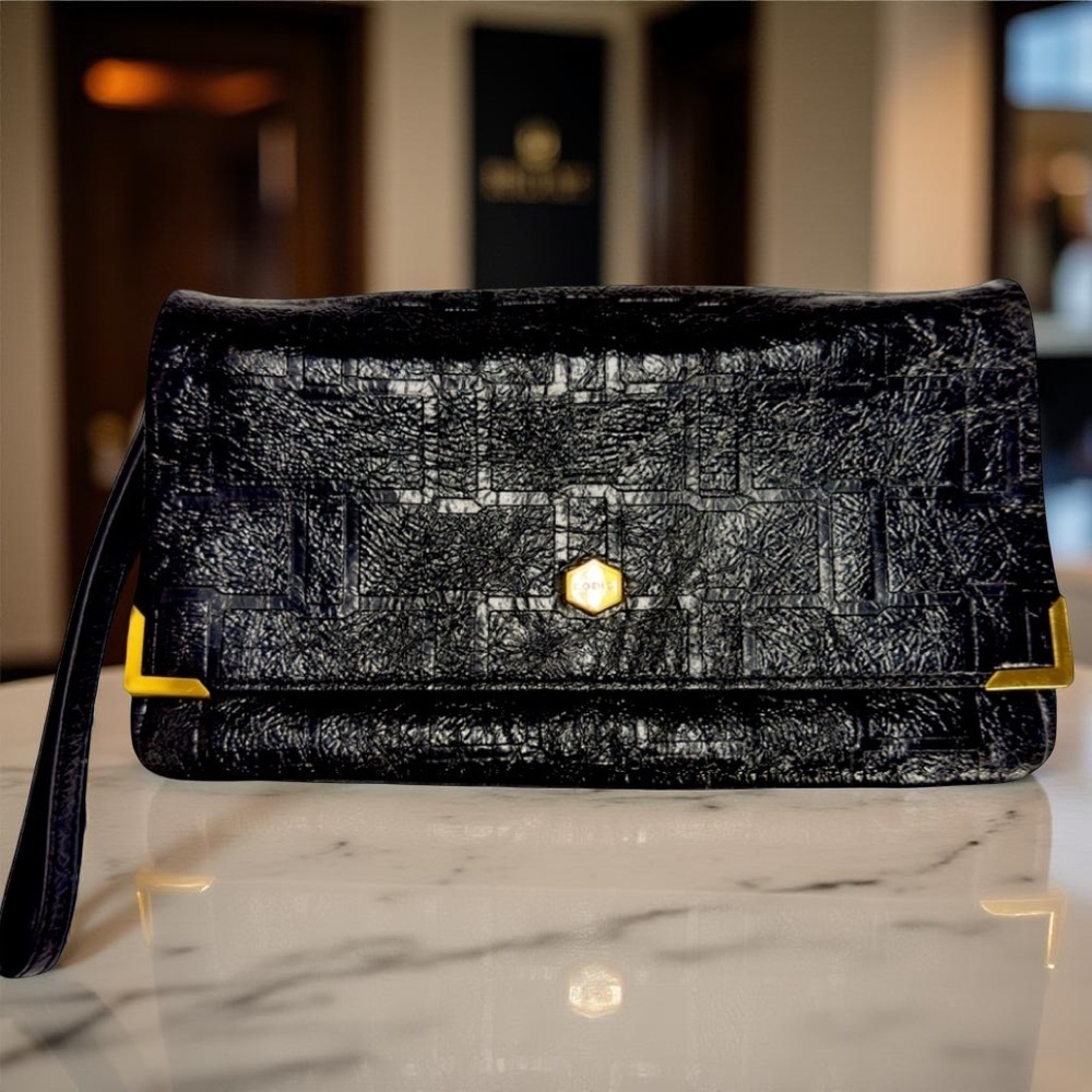 Vintage Lodis Black and Gold Textured Clutch with Strap
